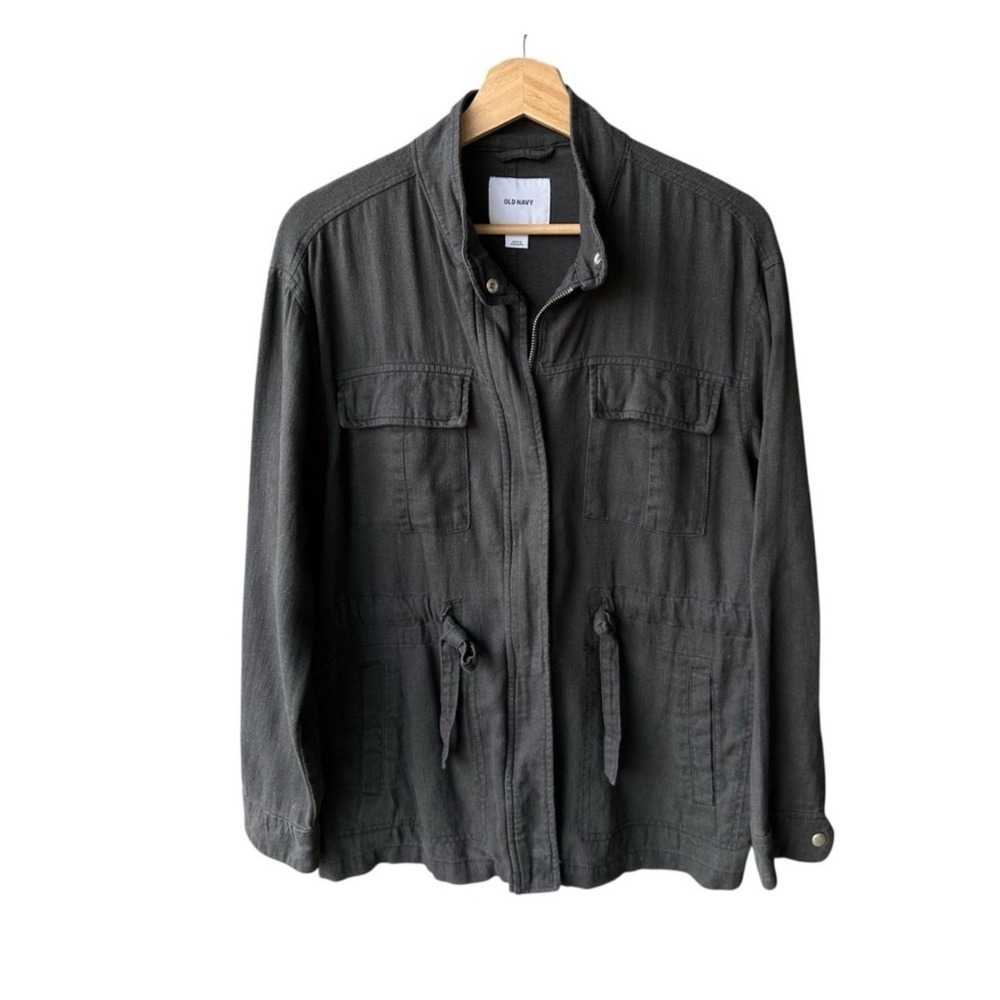 Old Navy Linen Blend Jacket Panther Grey Safari Utility Field Coat Womens Small